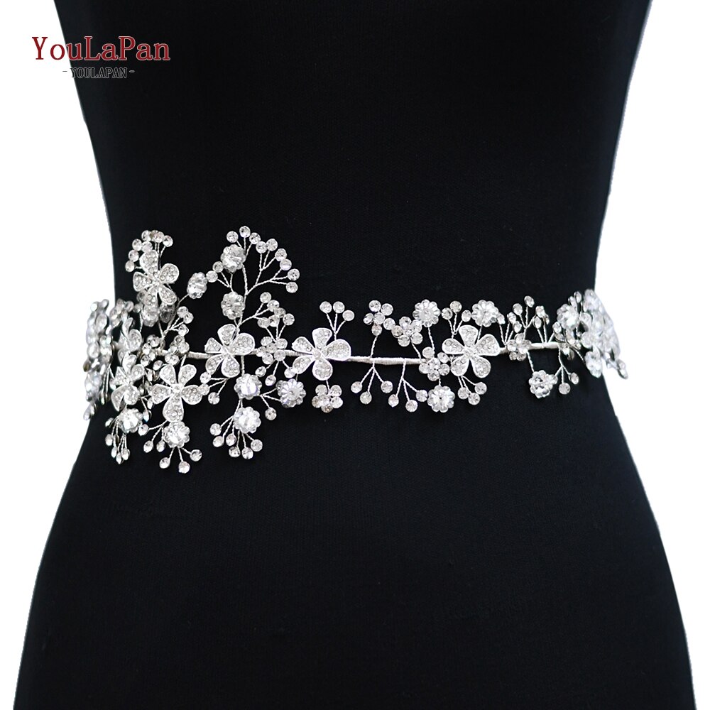 YouLaPan SH273 Princess Bridal Belt with Alloy Flower Rhinestone Applique Belts Women Belts with Diamonds Style Bridal Belt