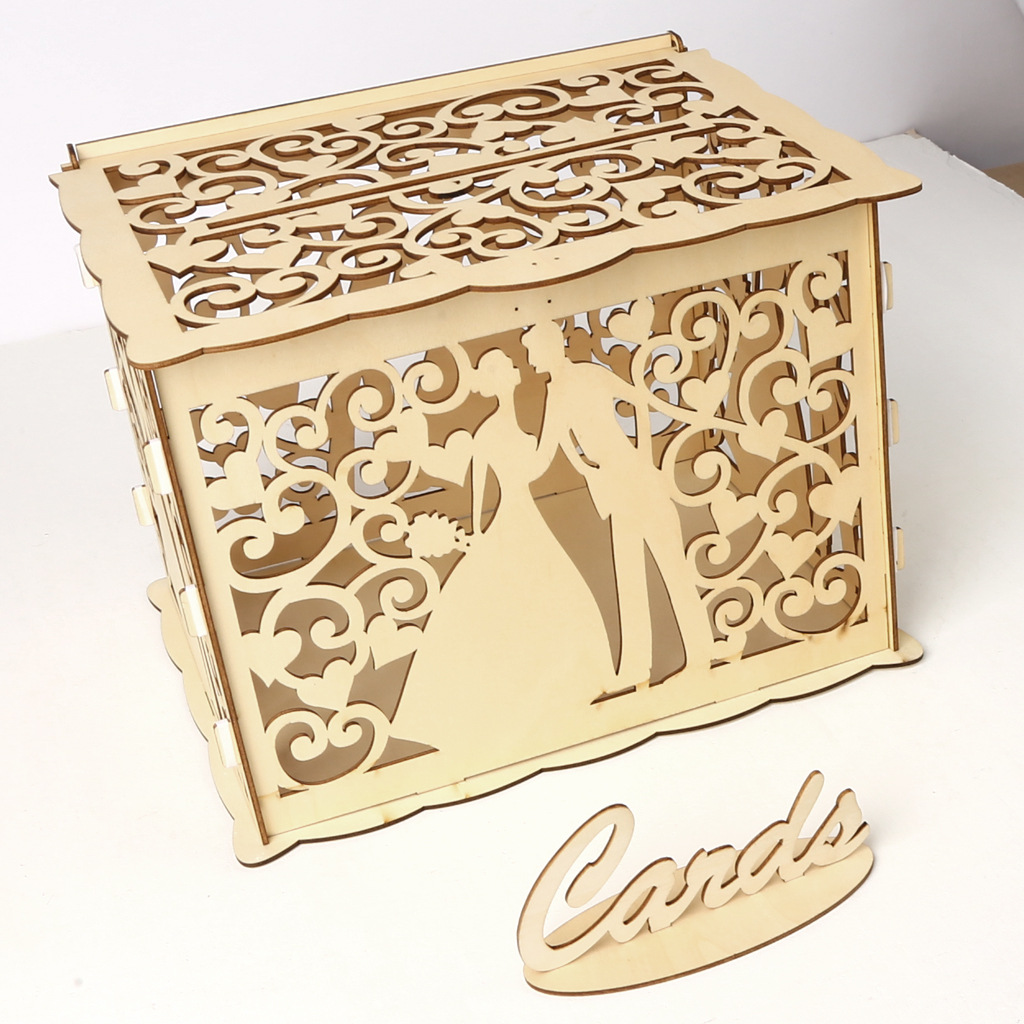 Wedding Card Box with Lock and Card Sign, Wooden Hollow Card Box DIY Box Wedding Reception Box for Birthdays, Graduations: G