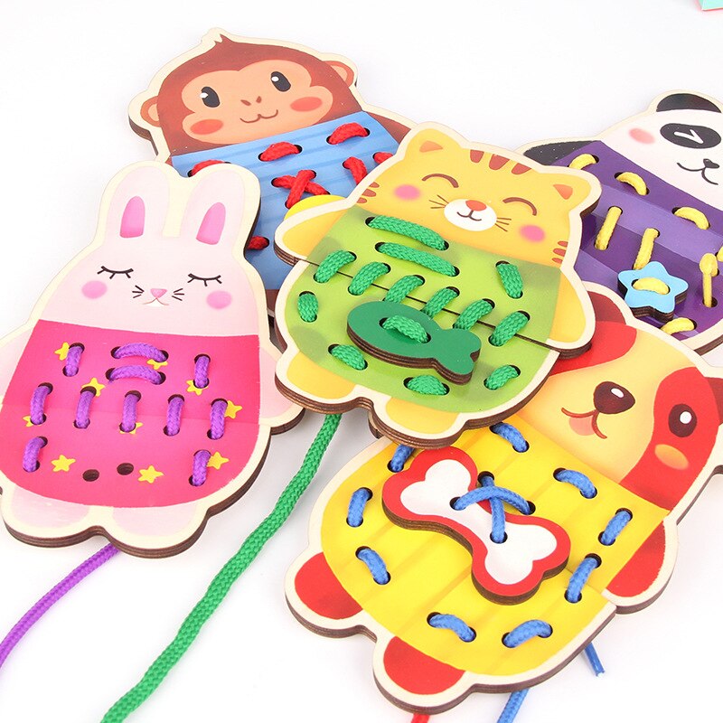 Wooden 3d Puzzles Cartoon Animal Lacing Card Rope 5PCS Exercise Concentration Hand Eye Children Classic Life Skills Toys