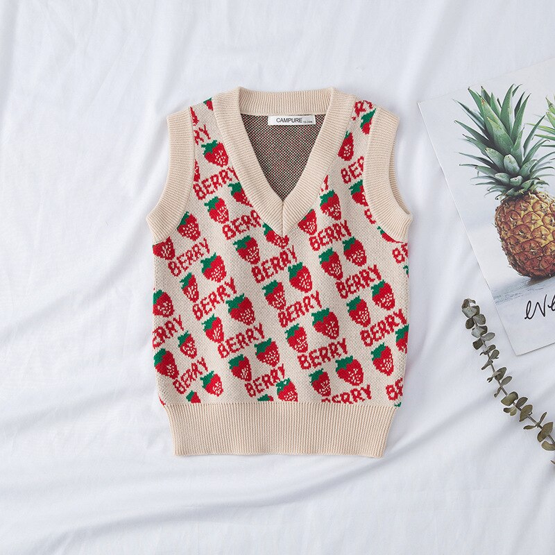 1-7t efterårs børn bomuld strik cardigan baby piger drenge ærmeløs sweater børn strik vest jordbær print pige sweatere: 3t(100)