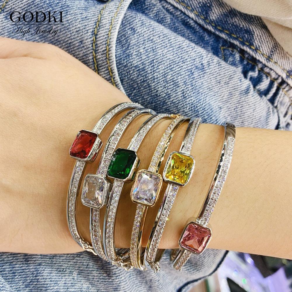 Godki Trendy Luxe Multicolor Stapelbaar Bangle Manchet Voor Vrouwen Bruiloft Volledige Kubieke Zirkoon Crystal Cz Dubai Armband Partij Sieraden