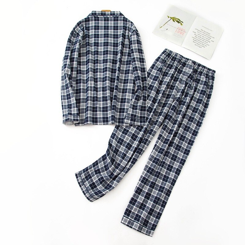 BZEL Long Sleeve Pajama Set Cotton Man Sleepwear Plaid Pyjamas Turn-down Collar Homewear Tops+Pants Pijama Men Sleep Lounge 2PCS