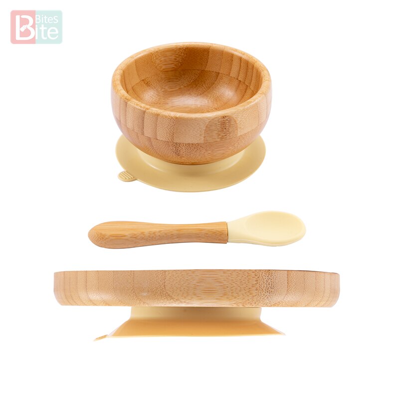 Bol en bambou d'alimentation pour bébé, cuillère anti-éclaboussures en Silicone assiettes à dîner pour bébé vaisselle pour nourrissons 3 pièces/ensemble