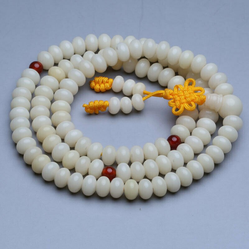 Tibetan Buddhism 108 White Bodhi Root Flat beads Prayer Beads Mala Necklace