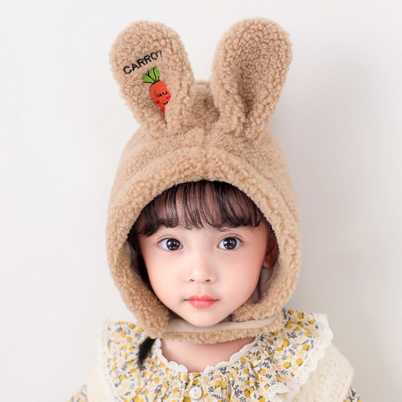 Cappello da ragazza cartone animato orecchie di coniglio capelli di agnello 3-10 anni cuffia per bambini protezione del viso cappello antivento: marrone