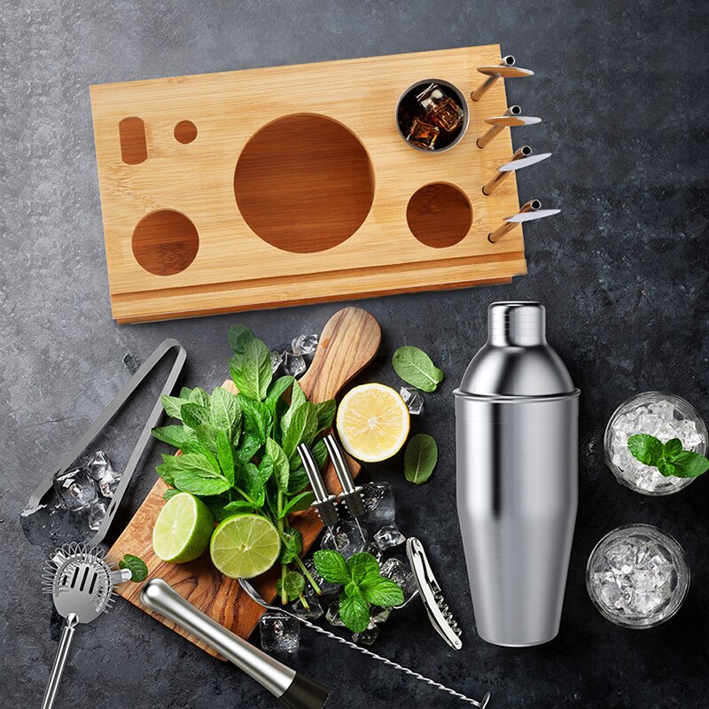 Cocktail Set 14 Piece Stainless Steel Cocktail Shaker Set with Bamboo Stand Bartender Kit Home Bar Set Cocktail Shaker