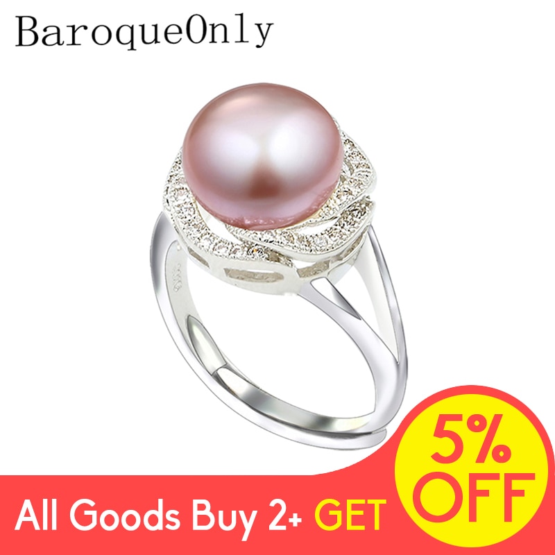 BaroqueOnly 9-10mm Natural Freshwater Pearl Rings for Girlfriend Nice Adjustable Wedding Ring, Bread Round White Pink Purple