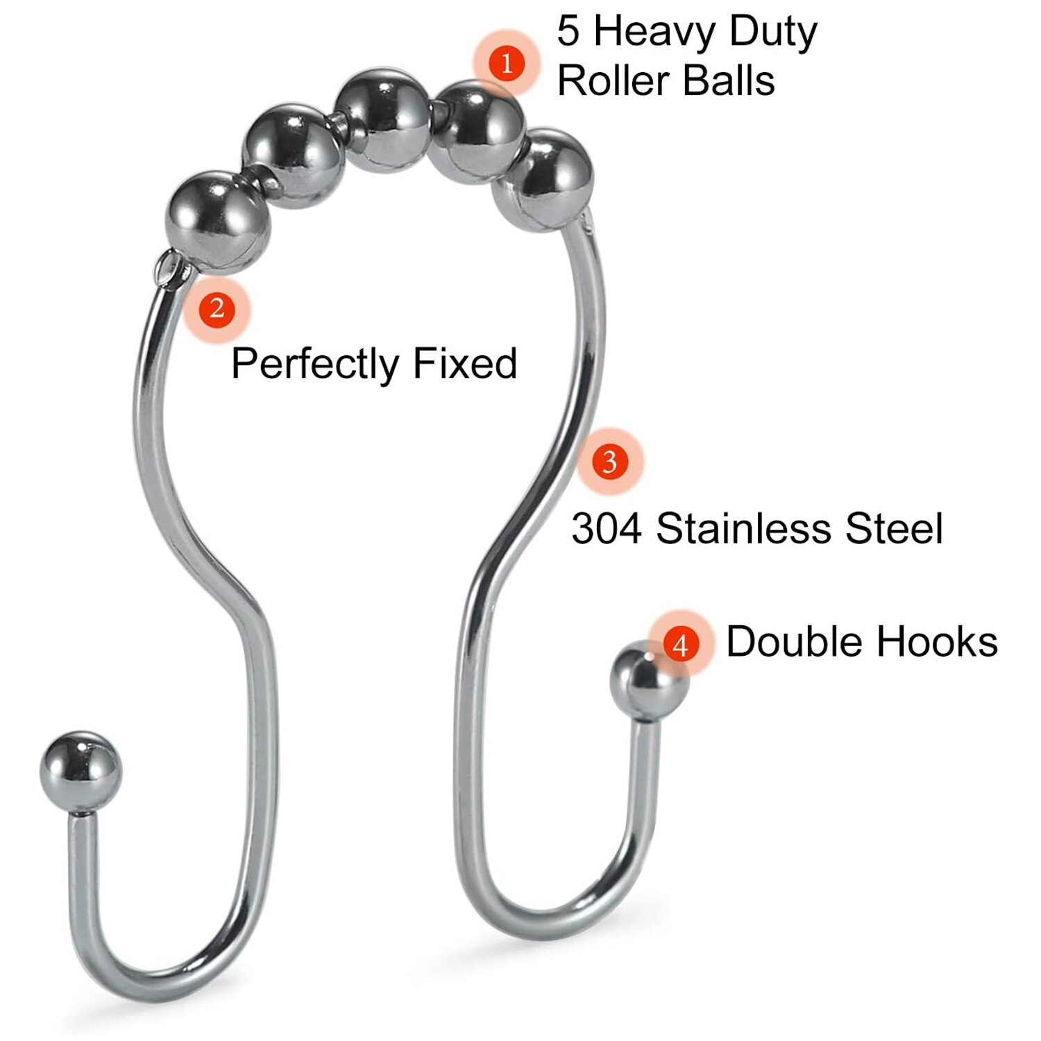 12pcs Shower Curtain Rings Stainless Steel Roller Rust-Resistant Balance Sliding Anti Double Shower Hooks for Bathroom