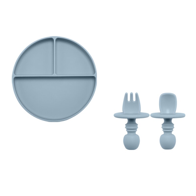 Solid Silicon Plate Set For Baby Kids Training Feeding Dinnerware Baby Learning Plate Set With Fork Spoon BPA Free: 3PCS Powder blue