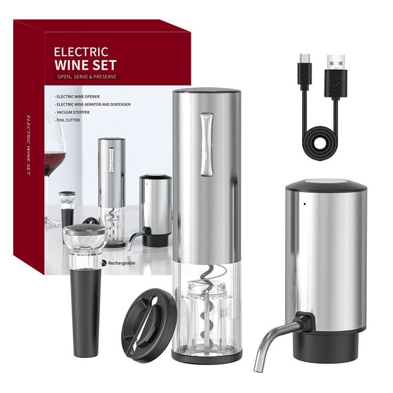 Juego de abridor de vino eléctrico USB con decantador eléctrico y aireador, abridor de botellas de vino recargable de acero inoxidable para amantes del vino: Verde