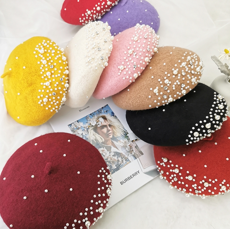 neue Winter warm Französisch Perle Strass Baskenmütze Hütte Elegante Mütze Kappen Einfarbig lässig Herbst Hütte für Frauen mädchen