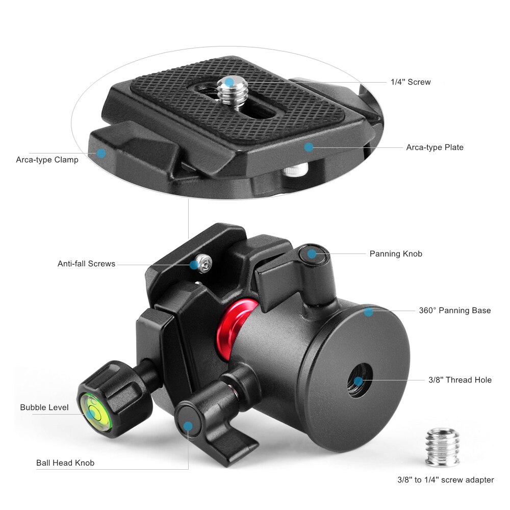 Kamera wideo statyw mini piłka głowy 360 stopni panoramiczny głowica kulowa Arca typu płytka szybki uwolnienie dla lustrzanka cyfrowa statyw kamery Monopod