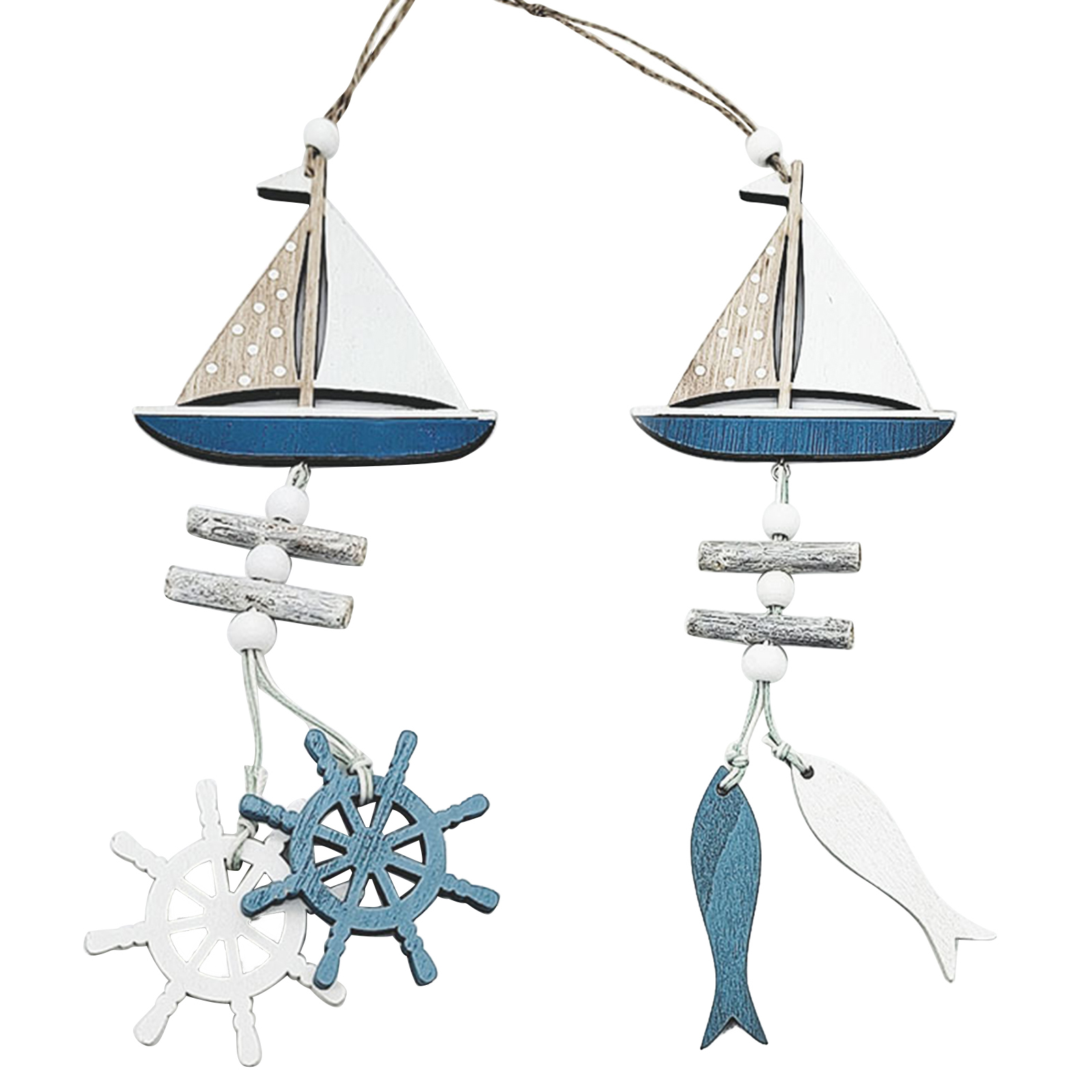 Style Sea Theme Nautical Wall Hanging Decor, Wooden Sailing Boat Model Hanging Ornament with Fish/Anchor