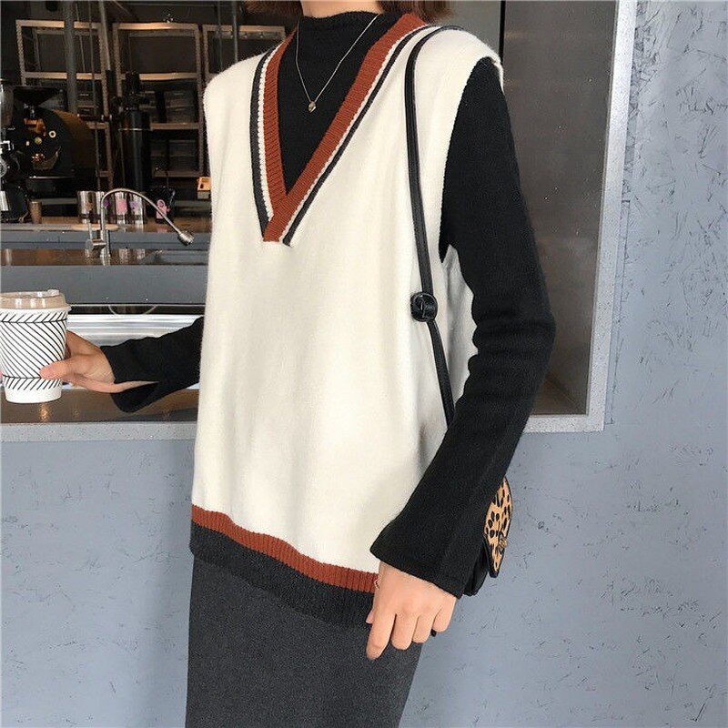 Sweter kamizelka kobiety dzianiny styl Preppy cały mecz ulica Harajuku elegancki zwykły swetry bez rękawów Femme luźne studenci stylowe