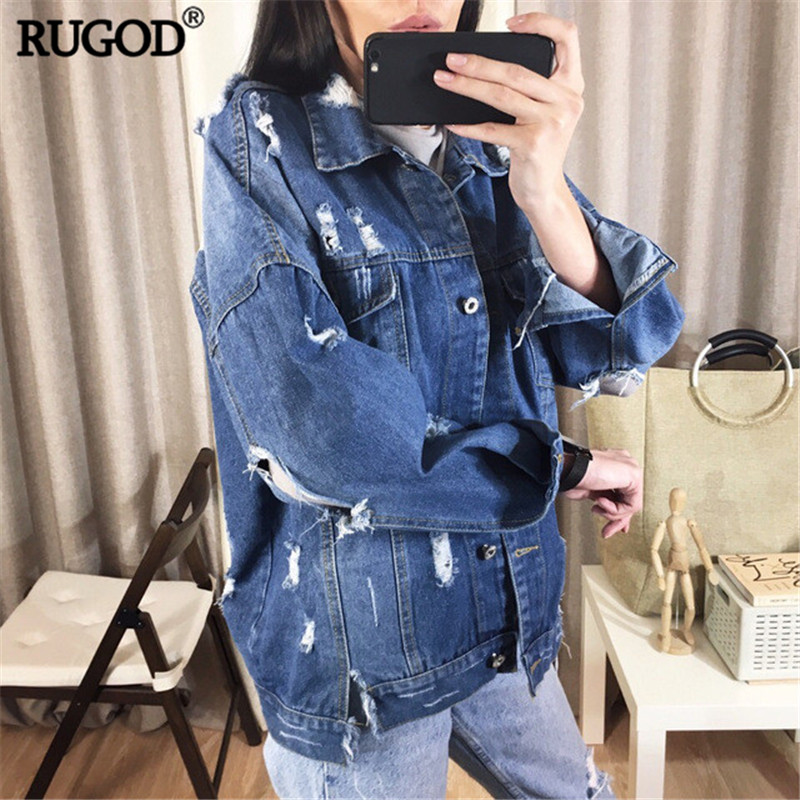 RUGOD Basic Coat Bombers Vintage Fabric Patchwork Denim Jacket Women Cowboy Jeans Autumn Frayed Ripped Hole Jean Jacket