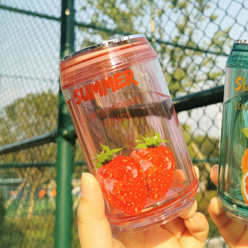Dåser sommer iskop kawaii plast vandflaske med låg udendørs sport mænd kvinder studerende drikker halm kopper: Lyserød