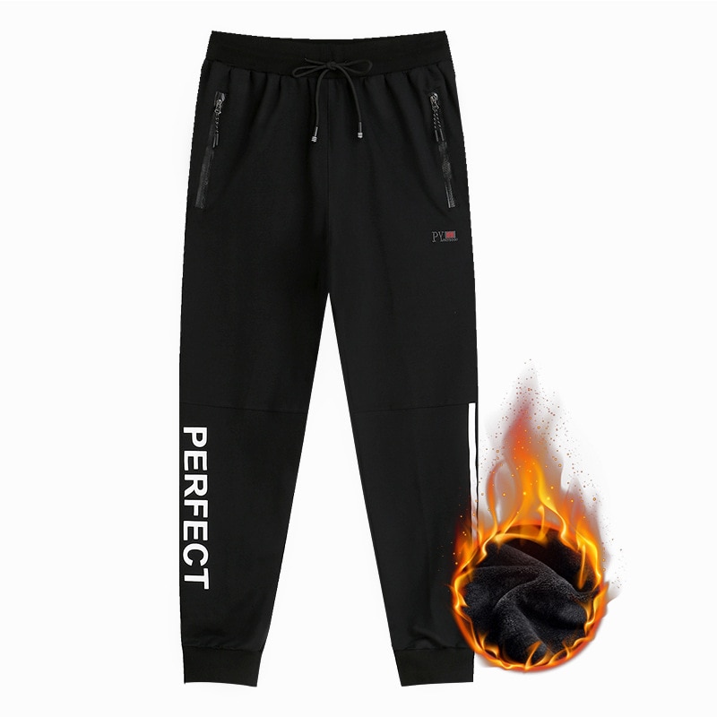 9xl vinter träningsbyxor för män bokstavstryckt blixtlåsficka tjock fleece varm sportbyxa löpning jogger fitness fritidsbyxa activewear: Svart / Xl