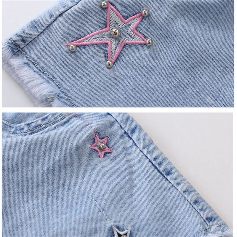 Girls Denim Shorts Teenagers Summer Embroidery Star Pattern Short Pants Kids Beach Clothes Children's Shorts For Teenage Girls