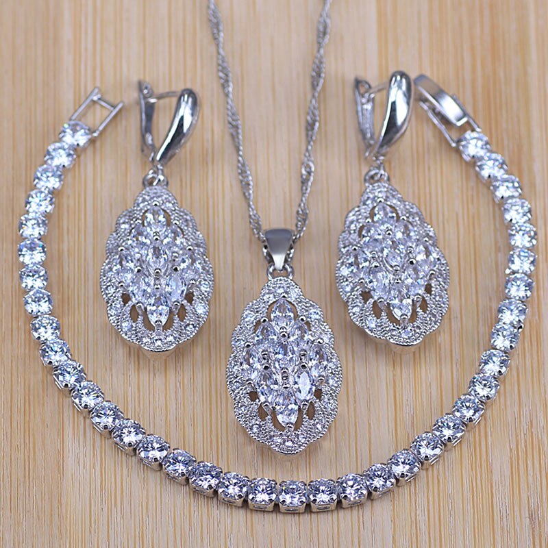 White Cubic Zircnoia Silver Color Bridal Jewelry Sets For Women Bracelet Earrings Necklace Pendant: Bracelet set