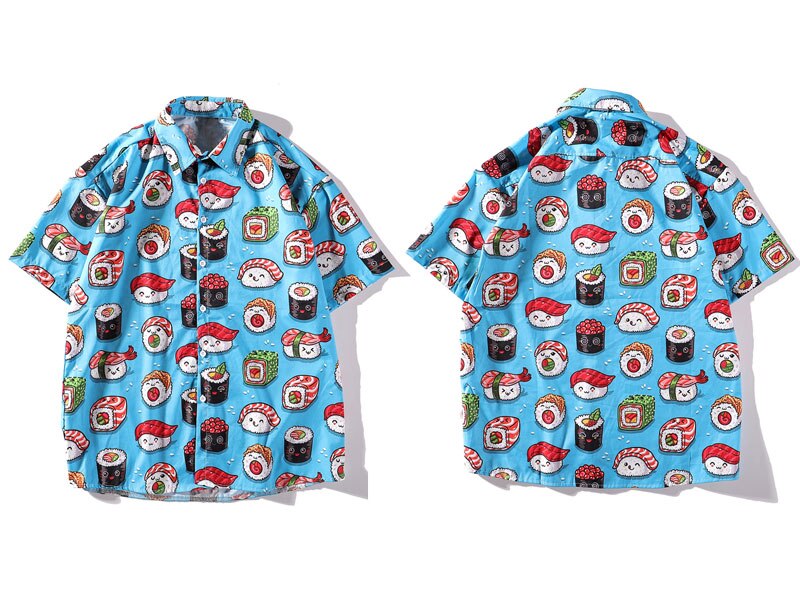 Gonthwide søde sushi print hawaiiansk strandskjorter herre aloha tropisk hawaii skjorte sommer korte ærmer button down skjorter toppe: M
