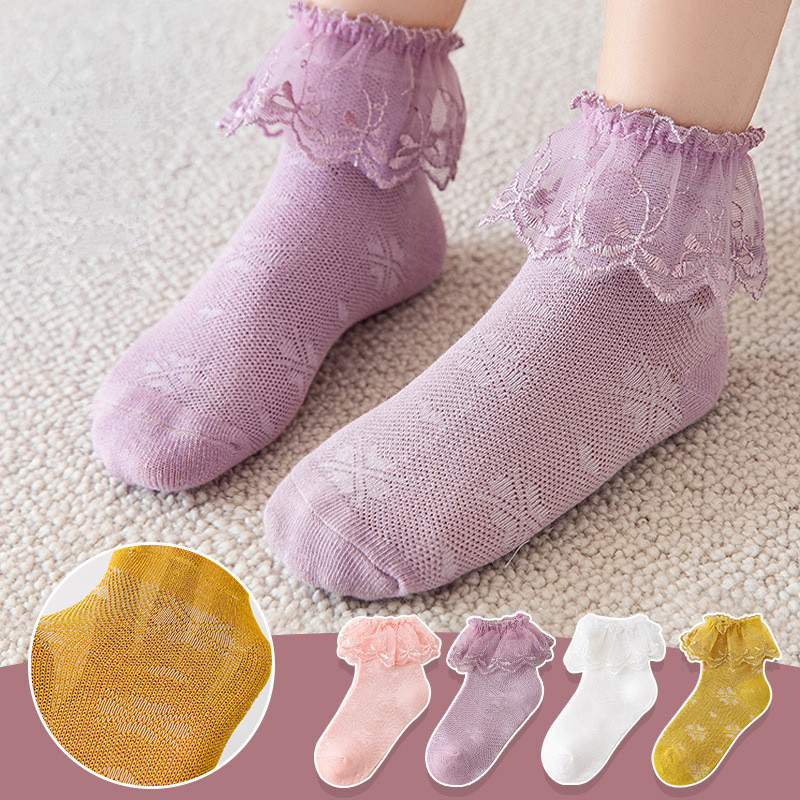 4pairs/lot Summer Children Lace Socks Thin Cotton Girls Dance Short Sock Princess Solid Color Embroidered Socks 4 Colors