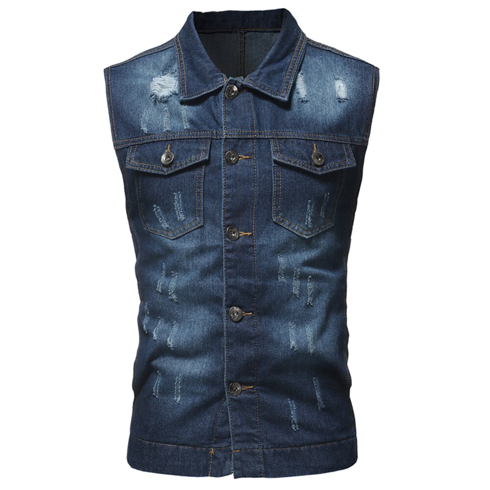 Helisopus automne et hiver manteau en Denim pour hommes classique trou de lavage gilet hommes décontracté sans manches col rabattu gilet: Dark blue / L
