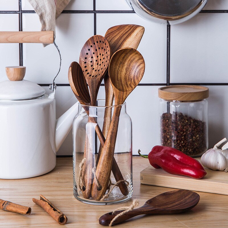 Kitchen Tools Natural Wooden Cooking Tool Sets Scoop Tableware Kitchen Utensils De Cocina Rice Soup Spoon Kitchen Gadgets