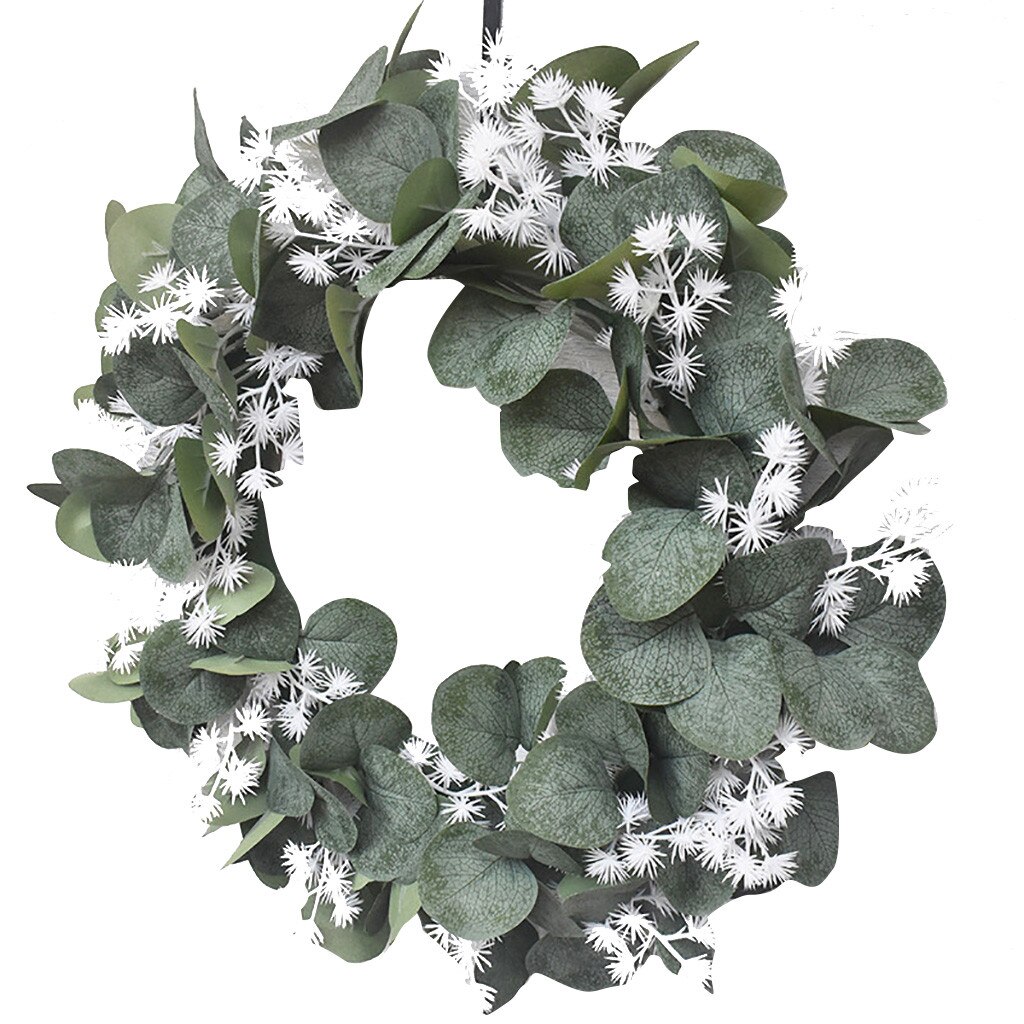 Artificial Green Eucalyptus Wreath,15 Inches Greenery Wreath With Clusters Of White Flowers Mini Spring/summer Wreath For Front: G