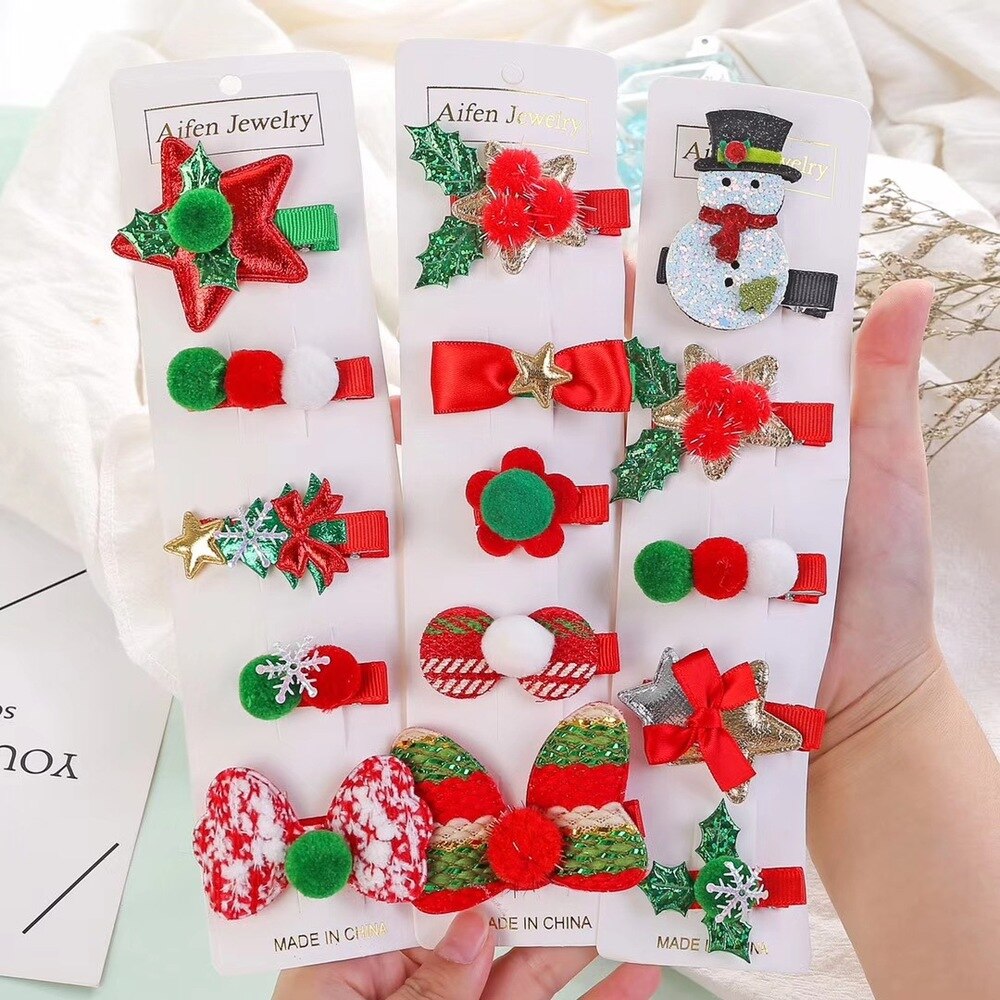 5pcs/set Christmas Hair Accessories Snowman Santa Claus Side Hair Pinch Autumn Winter Lovely Christmas Hairpin Set Jewelry