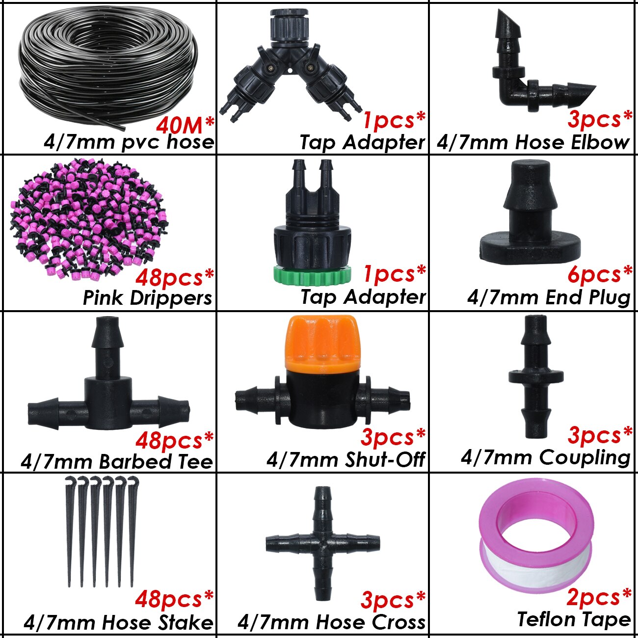 Kit d&#39;arrosage automatique goutte-à-goutte pour serre, 10-50M, 1/4 &#39;&#39;, système d&#39;irrigation, tuyau 4/7mm, buses de brouillard en laiton pour jardin, maison, plante en pot: KSL01-KIT351B-40M