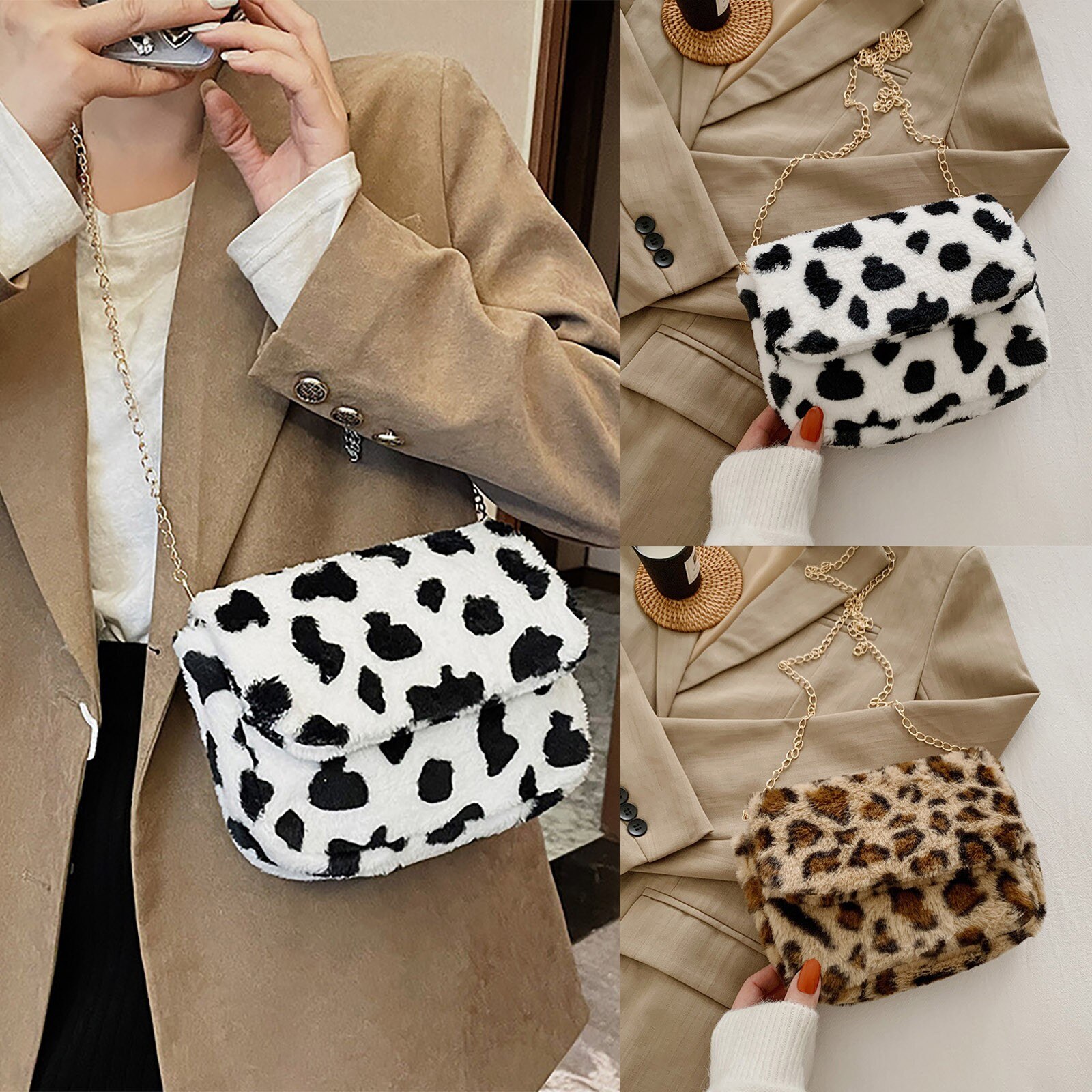 Novo design de pelúcia bolsa feminina 2020 novo inverno mão mais quente saco aleta moda leopardo impressão crossbody bolsa de ombro