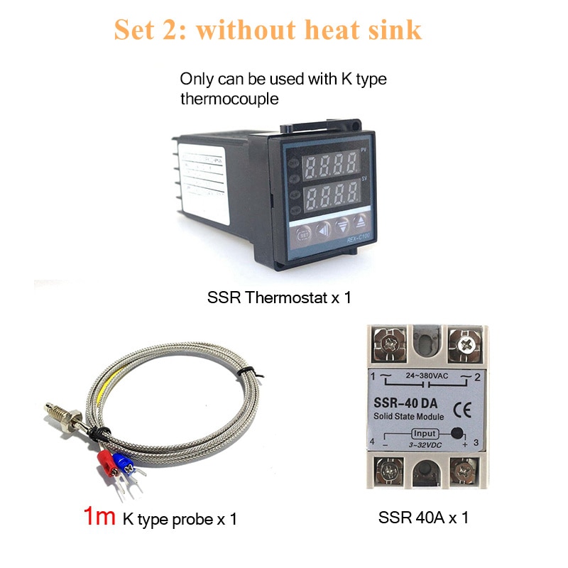 REX-C100 Digital PID Temperature Controller REX C100 40DA Relay SSR Output Thermostat Kit + K Thermocouple Probe / Heat Sink