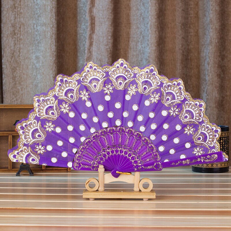 Ventilador plegable de poliéster con patrón de flores, 7 estilos, estilo chino tradicional de encaje con bronce, abanico plegable de tela ventilador plegable, decoración del hogar 1 unidad: 6