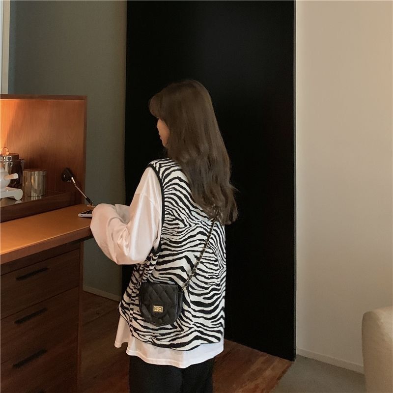 Stickad tröja väst dam höst koreansk stil vintage zebra randig v-ringad ärmlös tröja linne väst  t544