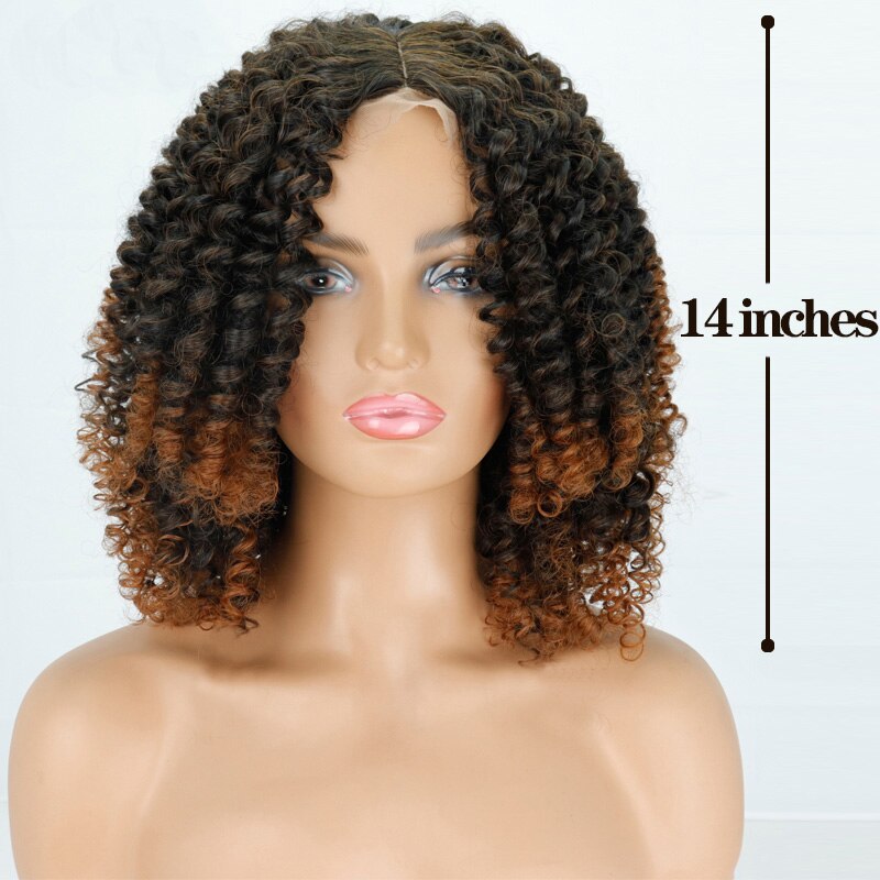 Linghang 14Inches Afro Kinky Krullend Pruik Synthetische Korte Pruik Gemengde Blonde Lace Pruik Voor Zwarte Vrouwen Daily Pruik