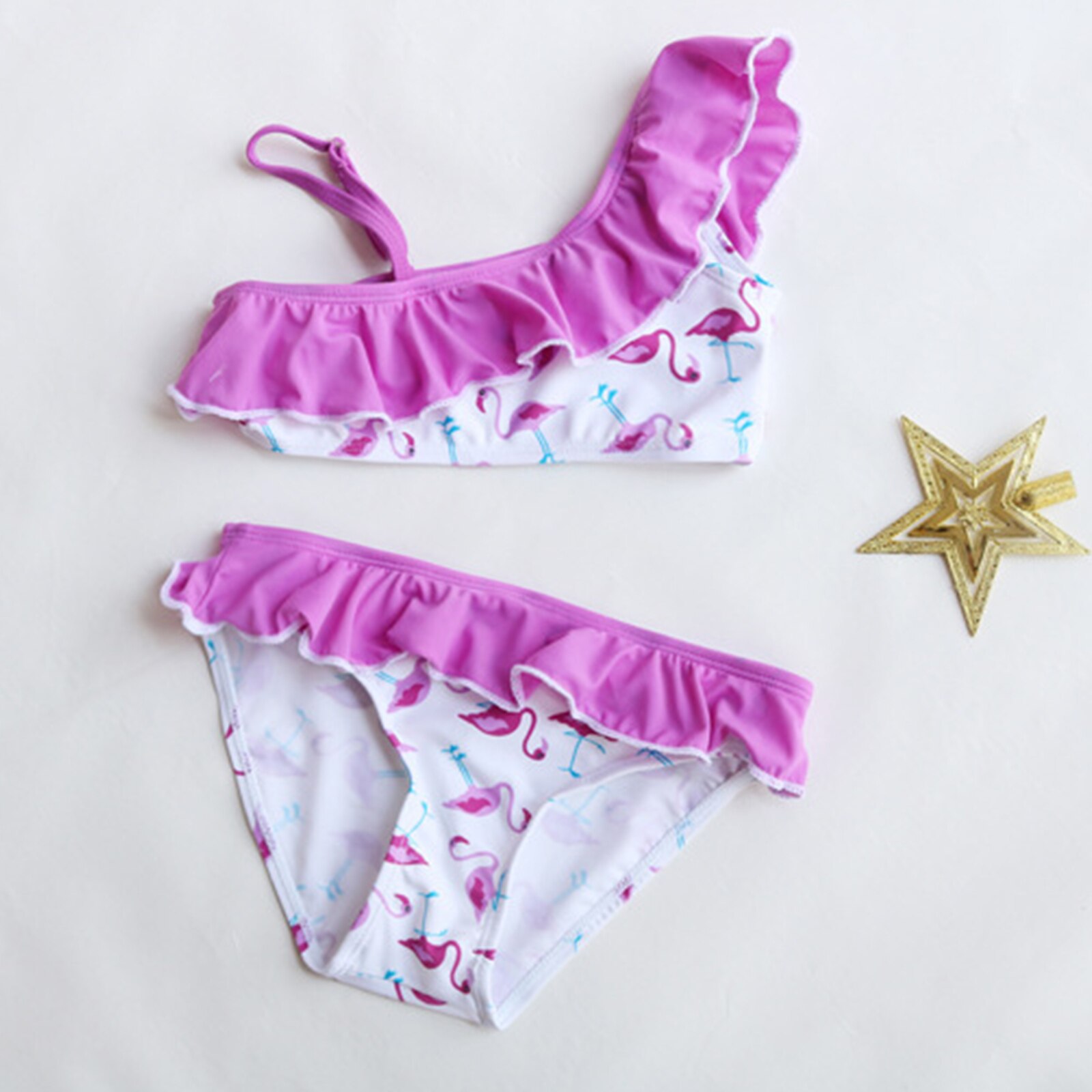 2-14 Years Baby Girl Swimsuit Kids Flamingo Cartoon Split Swimsuit Set Teenager Bikinis One Shoulder Girls Bathing Suit Ruffle