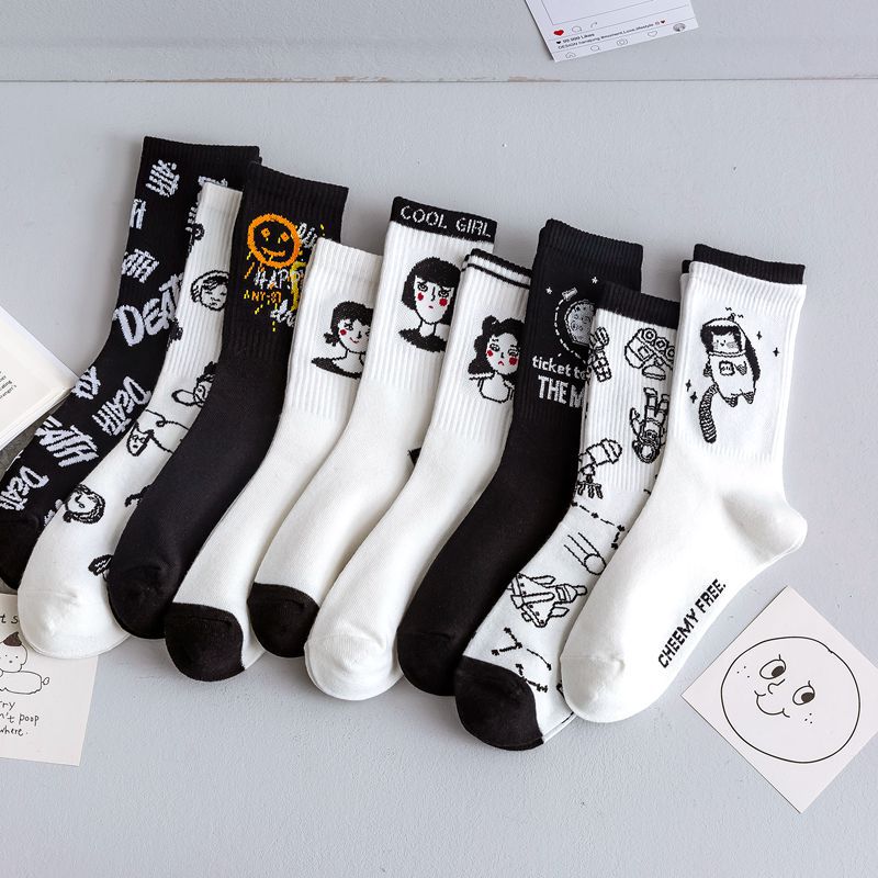10 par / pakke sort hvid kvinder sokker lårhøje sokker sjovt mønster solid bomuld åndbart knæ høj sport løber afslappet sok