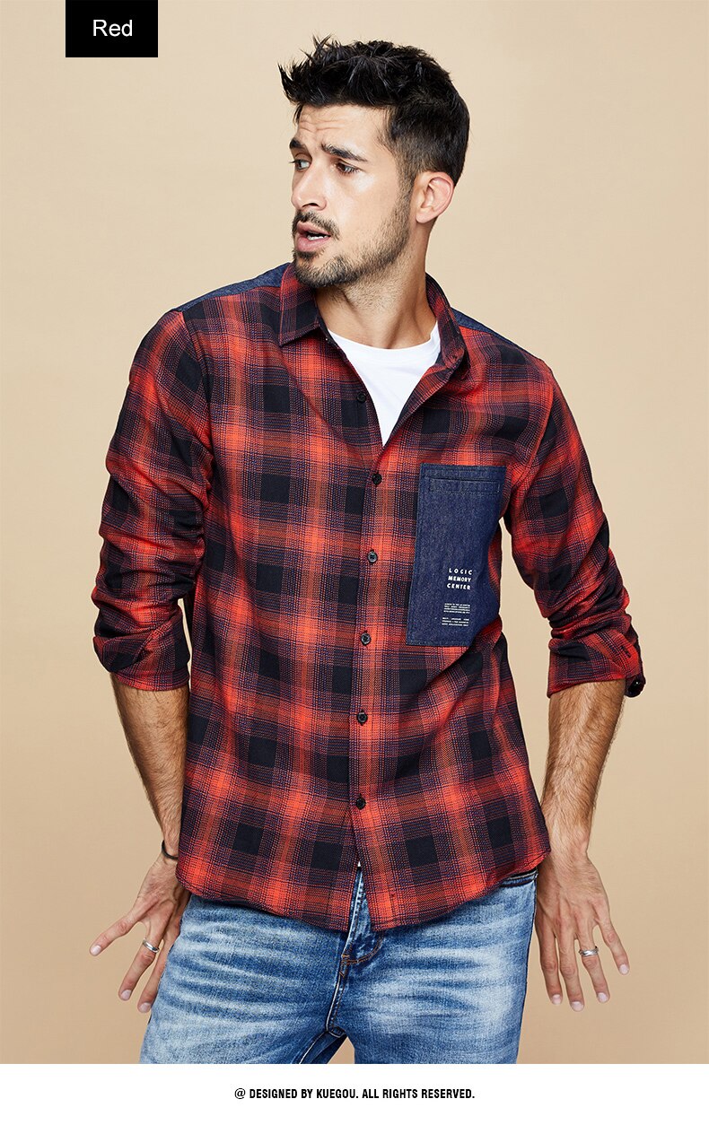 Kuegou 100%  bomuld efterårs herreskjorte langærmet plaid skjorte forårstøj top plus størrelse bc -6987: Rød / M