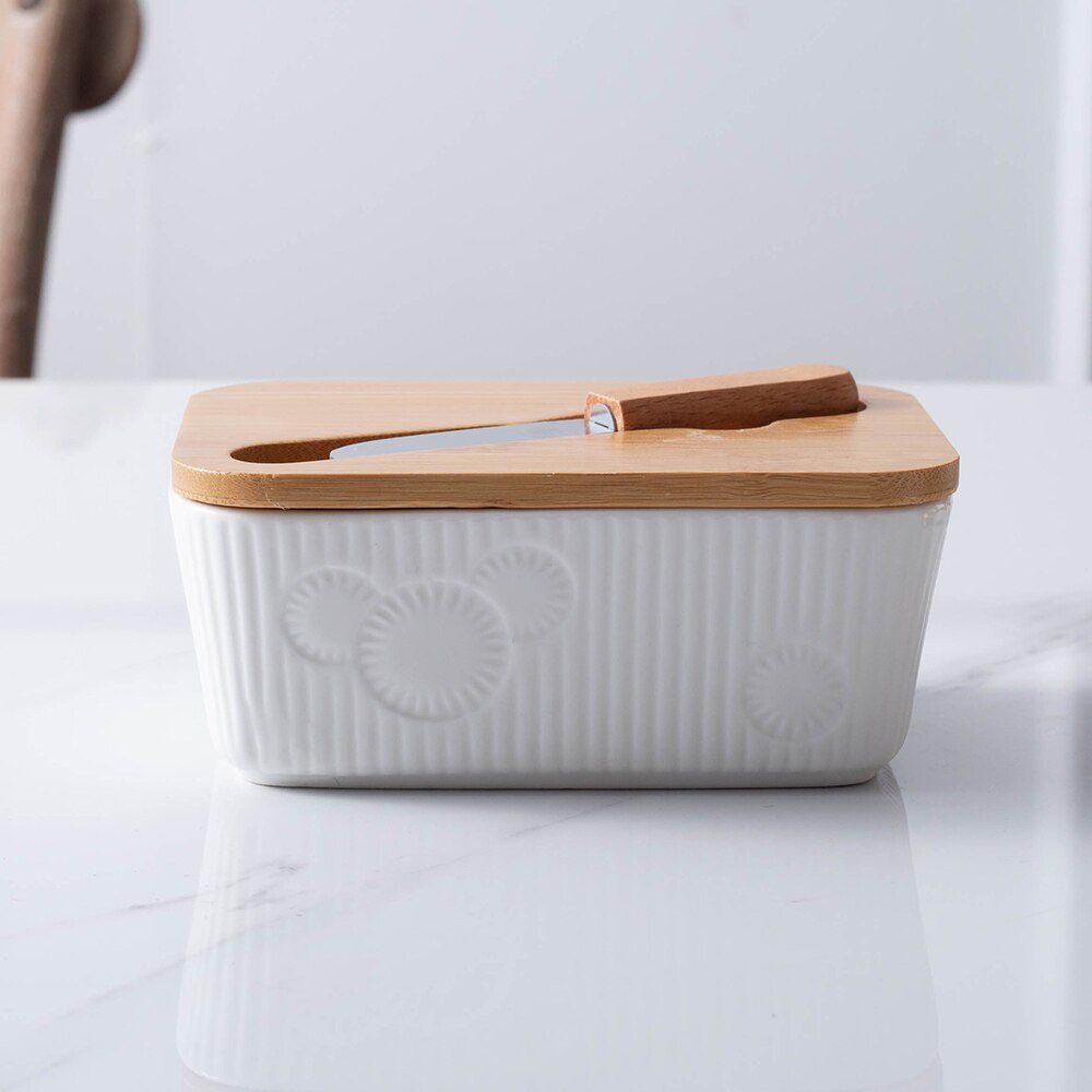 Nordic Stijl Boter Doos Afdichting Met Houten Deksel Mes Fooddish Keramische Keeper Tool Kaas Opbergvak Plaat Container Voor Keuken
