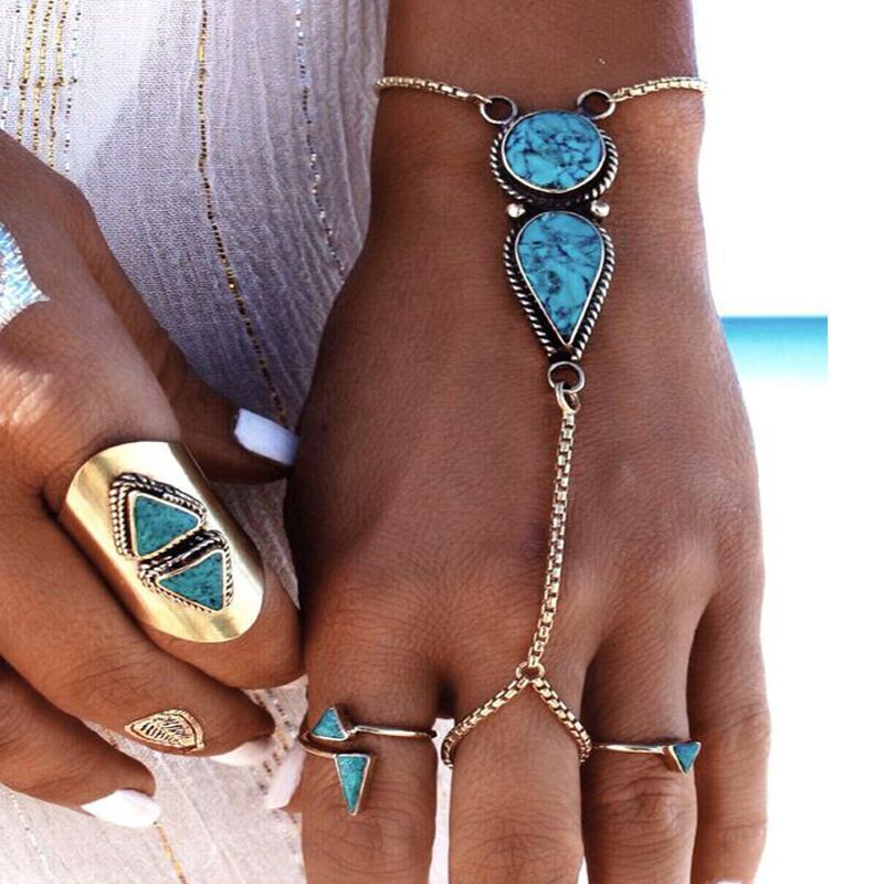 Bohemian Strand Retro Etnische Armband Prachtige Aangesloten Turquoise Vinger Armbanden Hand Accessoires Voor Vrouwen