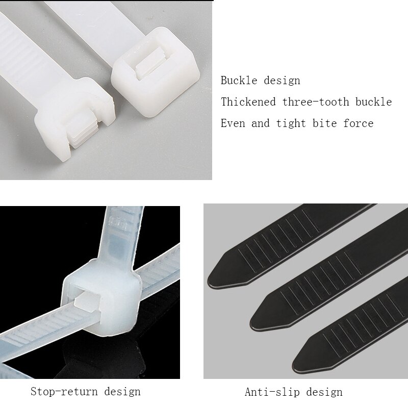 Black and White Self-locking Nylon Cable Ties Plastic Cable Ties 3*100*3*200 Industrial Cable Ties Fixing Ring 200pcs