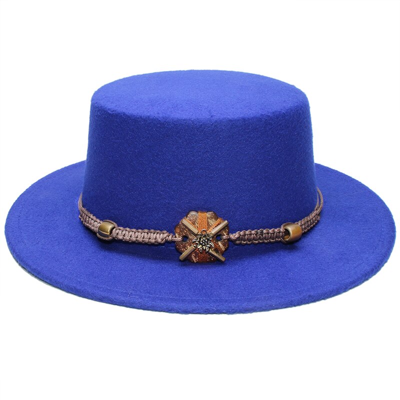 Retro Unisex Women Men /Kid Child Wool Fedora Flat Dome Oval Top Bowler Porkpie Pork-pie Hat Wood Bead Knitted Band (54/57cm): Blue / Kid Size 54cm