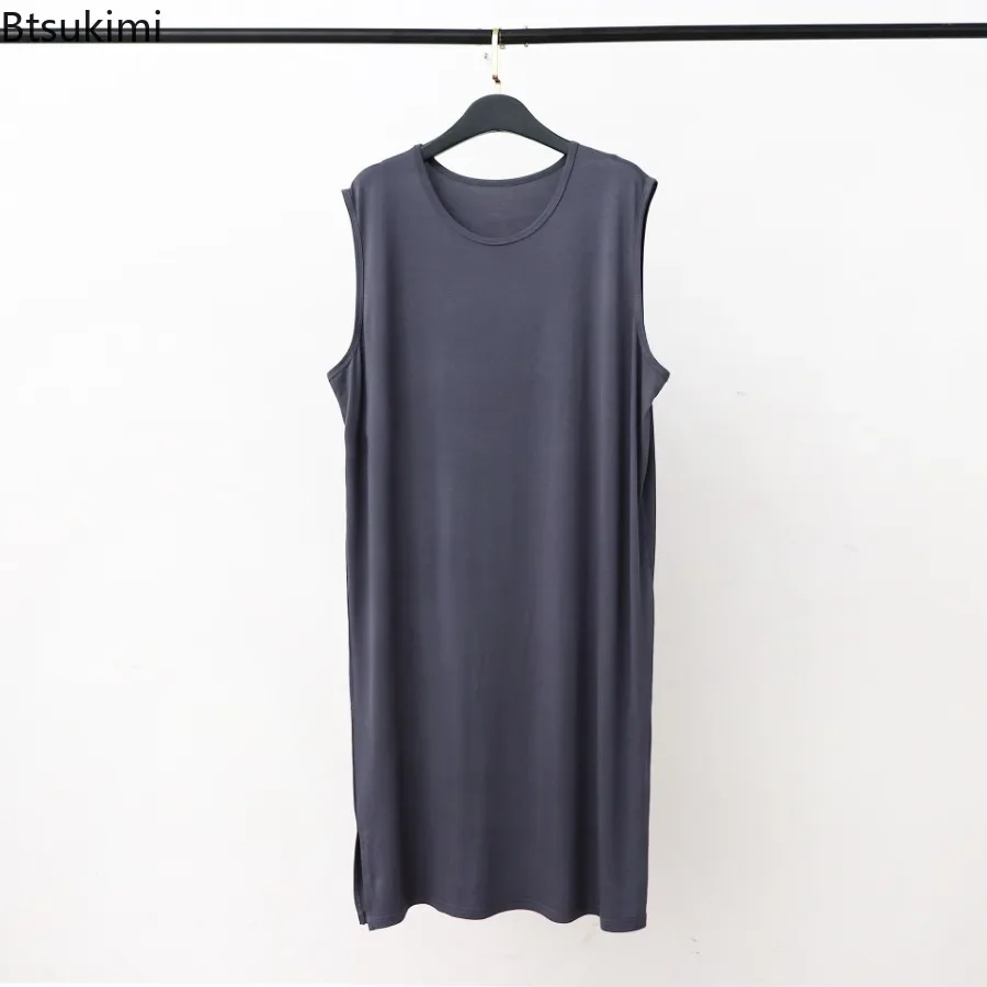 2025 pijamas de Modal de verano para hombres, batas estilo de chaleco, albornoz largo sin mangas de talla grande, ropa de hogar holgada, suave y cómoda para hombres