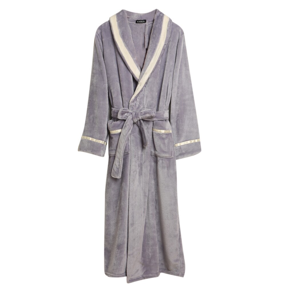 Winter Couples Pajamas Women's Winter Lengthened Bathrobe Splicing Home Clothes Long Sleeved Robe Coat Bath Robe: Gray / M