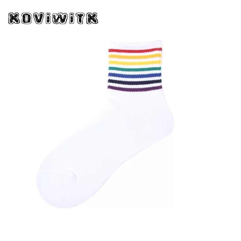 Vinter regnbåge randiga bomullsstrumpor för kvinnor svart/vit sport tjejer college stil strumpa trendiga vilda harajuku rolig konst varm sox: Vit remsa