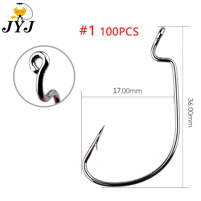 JYJ 100 pièces beaucoup d'hameçon de pêche offset, # 5/0 # 1/0 # 1 ... # 8 toutes tailles d'acier à haute teneur en carbone pour appâts à ver souple avec de grands yeux: WHITE