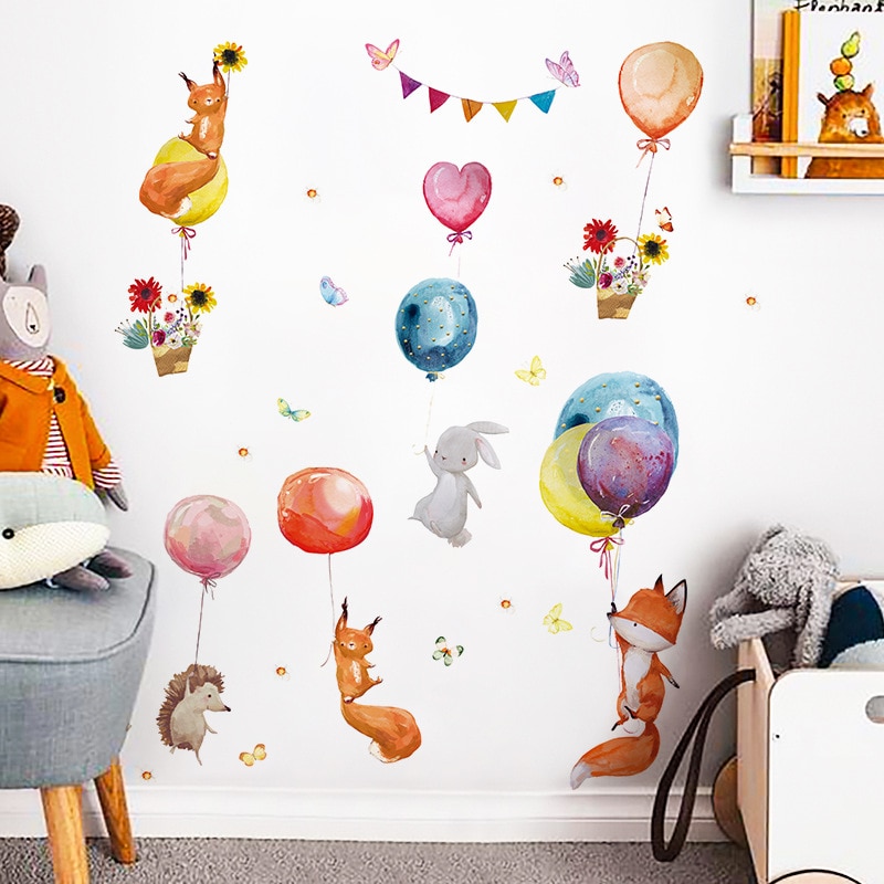 Cartoon Dieren Ballon Muursticker Baby Kinderkamer Home Decoratie Muurschildering Slaapkamer Verwijderbare Behang Slaapkamer Nursery Stickers