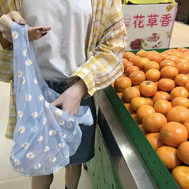 Kleine transparante tas van mesh stof voor dames, handtas met borduurwerk van madeliefjes, eco-bloemkunst, mesh tas, portemonnee voor meisjes