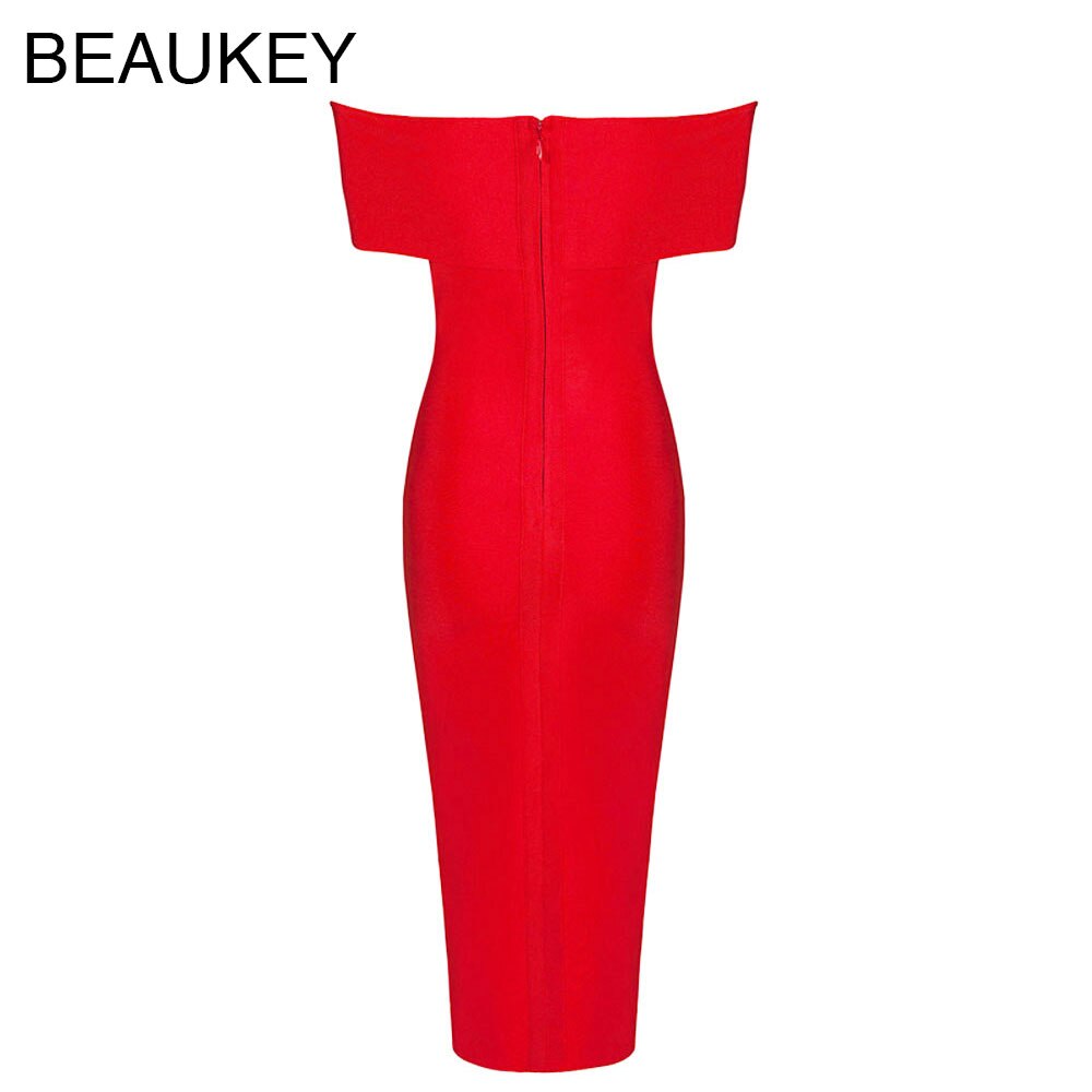 Red Off Shoulder Knee Length Rayon Knitted Elastic Bodycon Bandage Dress