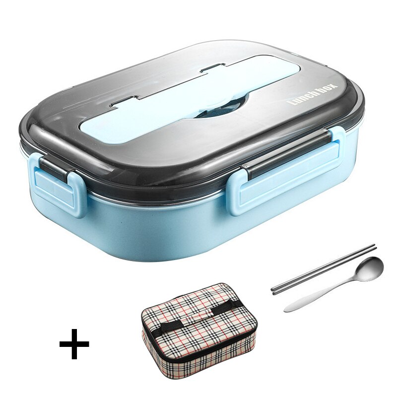 Portable Leakproof Lunch Box Compartments 304 Stainless Steel Lunchbox Office School Kids Bento Box with Spoon and Bag: 5 Grid Blue 1.3L
